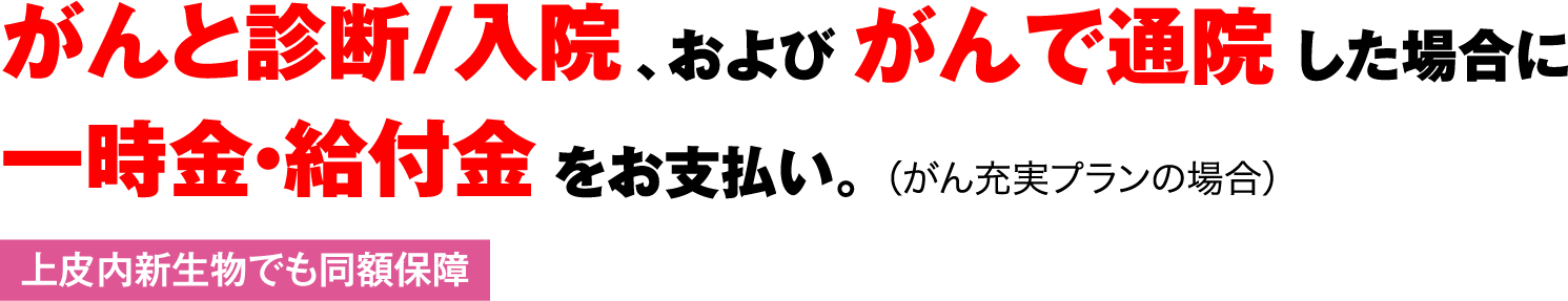 がんと診断/入院、およびがんで通院した場合に一時金・給付金をお支払い。(がん充実プランの場合)